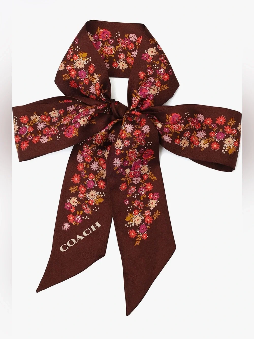 NWT🥀Coach Posey Cluster Silk Skinny Scarf Brown Floral Print Hair Bag Gift CGA46